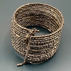 Silver Tone Wide Multi Strand Woven Beaded Bracelet Boho Chunky Statement Metal